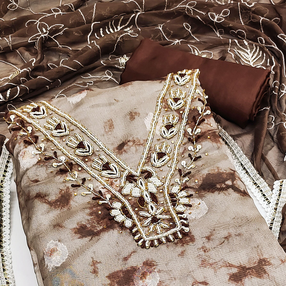Brown Digital Printed With Handwork Organza Dress Material