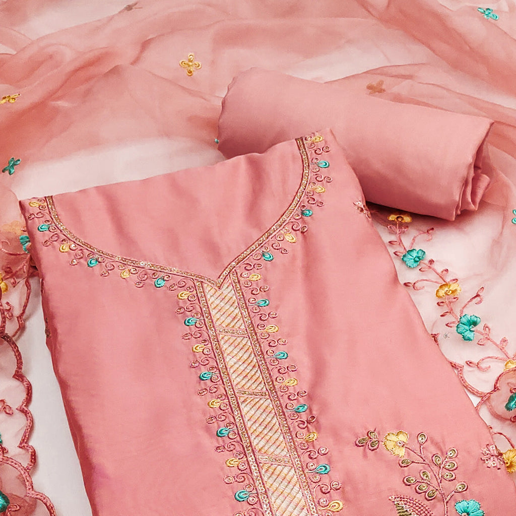 Peach Floral Sequins Embroidered Cotton Silk Dress Material