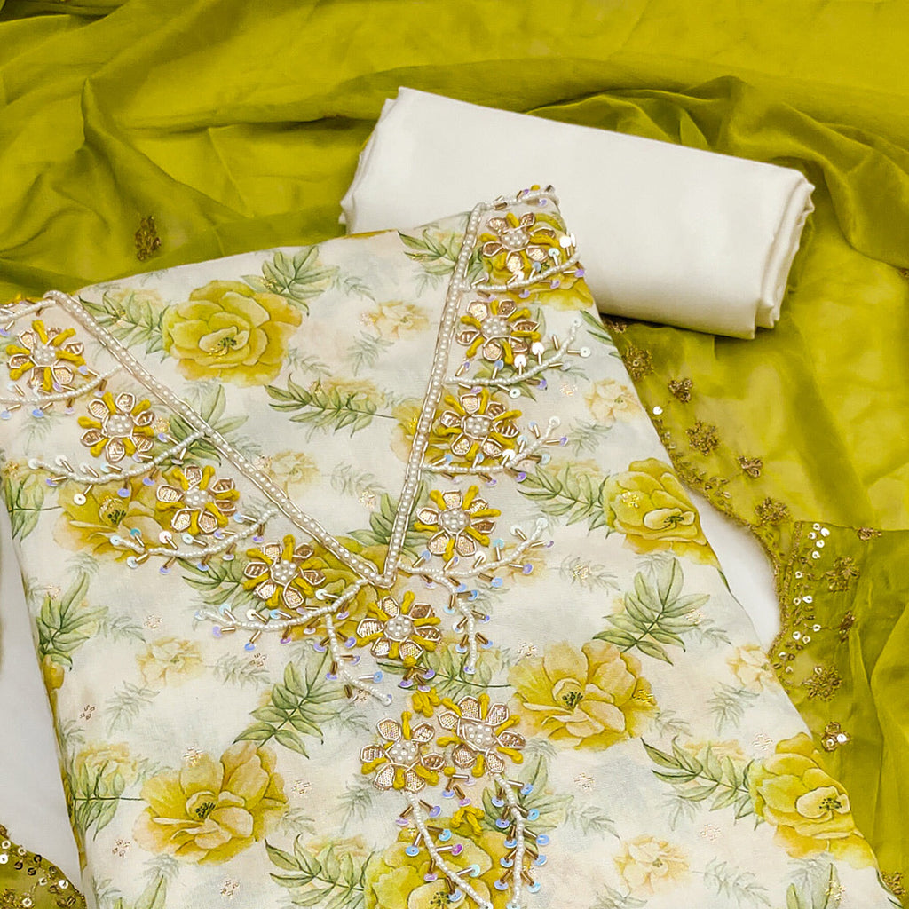 Green Floral Digital Printed With Handwork Chanderi Silk Dress Material