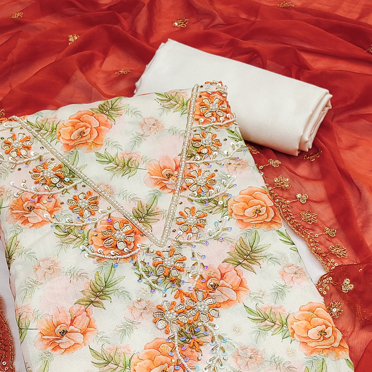 Orange Floral Digital Printed With Handwork Chanderi Silk Dress Material