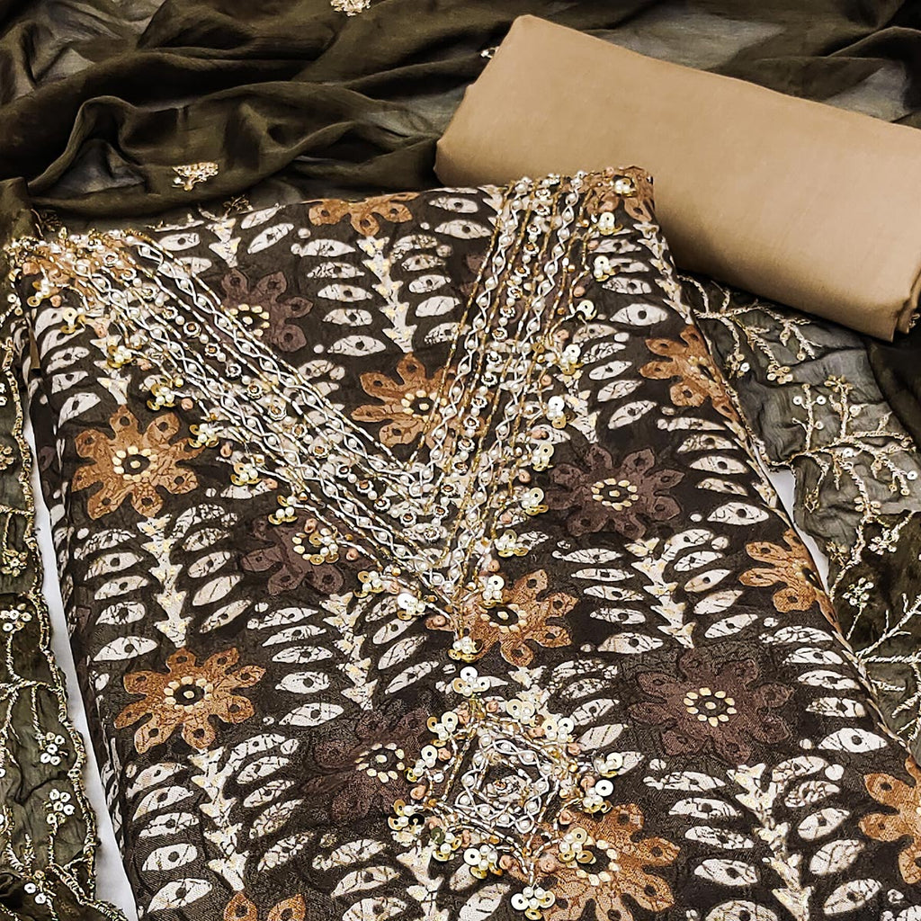 Dark Brown Floral Printed With Handwork Pure Cotton Dress Material
