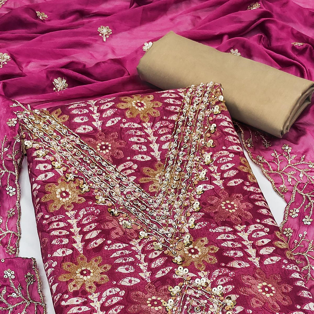 Dark Magenta Floral Printed With Handwork Pure Cotton Dress Material