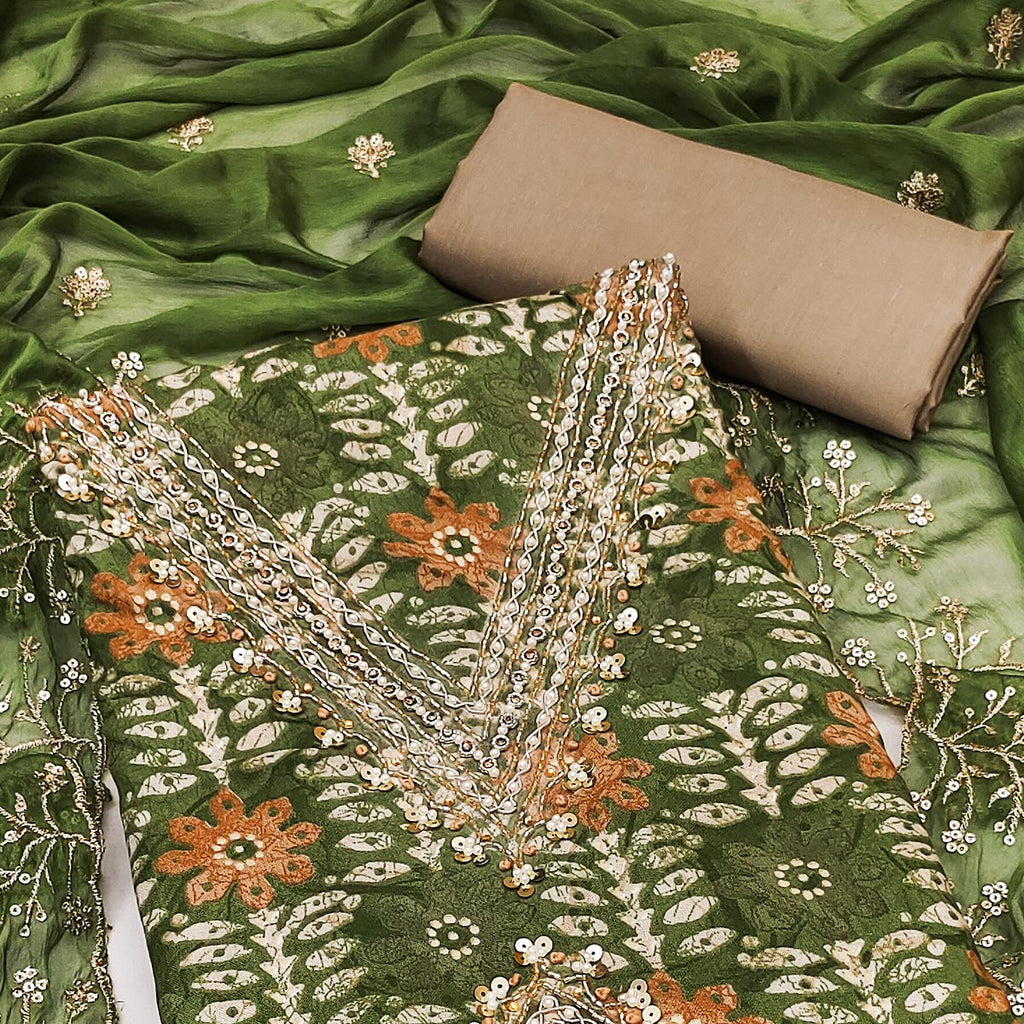 Green Floral Printed With Handwork Pure Cotton Dress Material