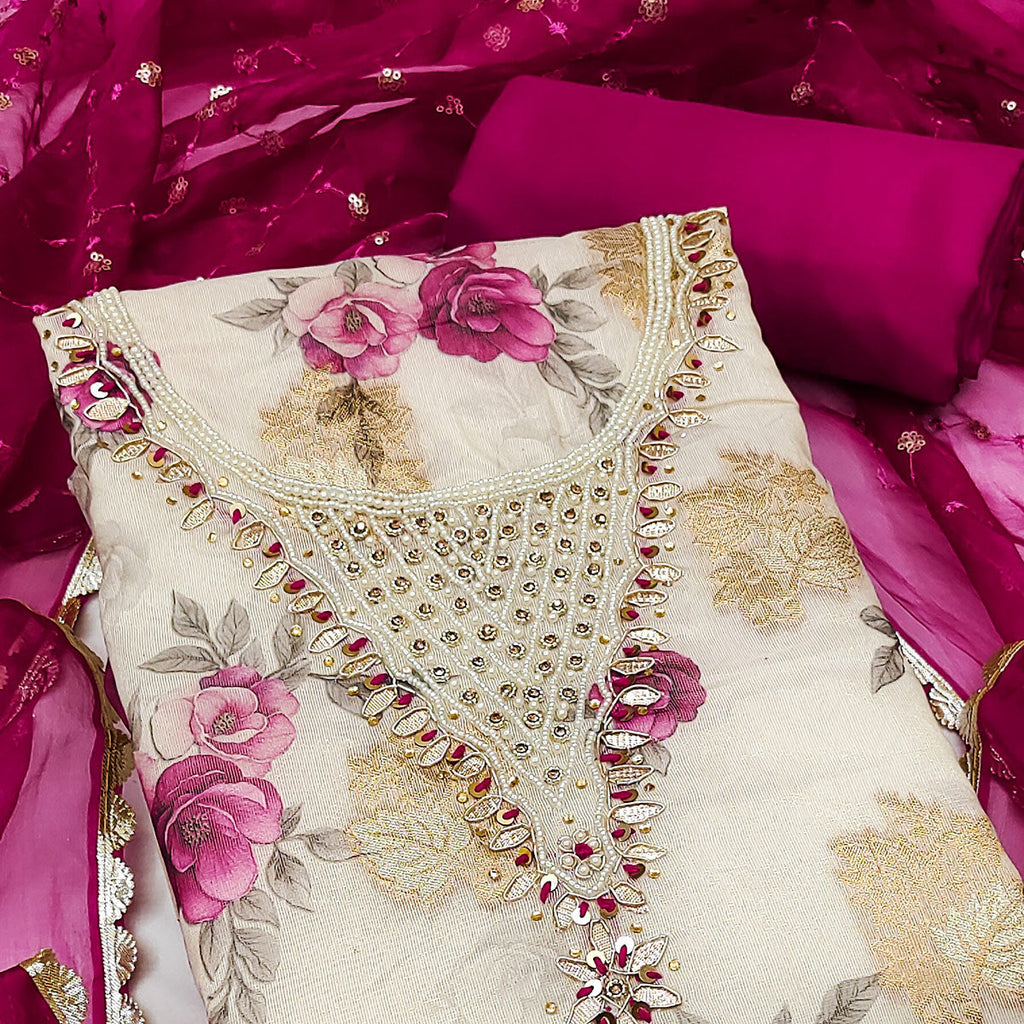 Pink Floral Digital Printed With Handwork Viscose Banarasi Dress Material