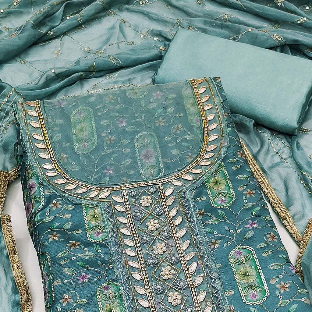 Blue Floral Sequins Embroidery With Handwork Organza Dress Material