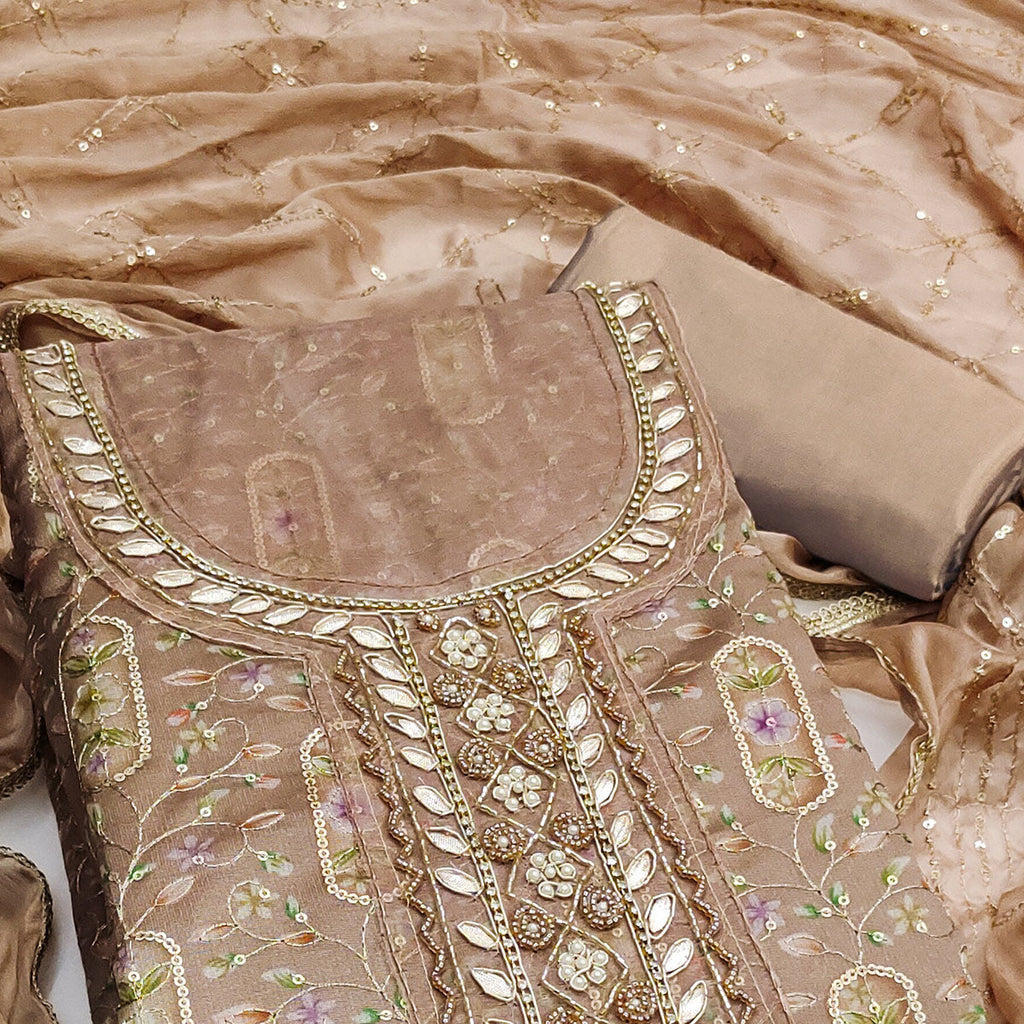 Chikoo Floral Sequins Embroidery With Handwork Organza Dress Material