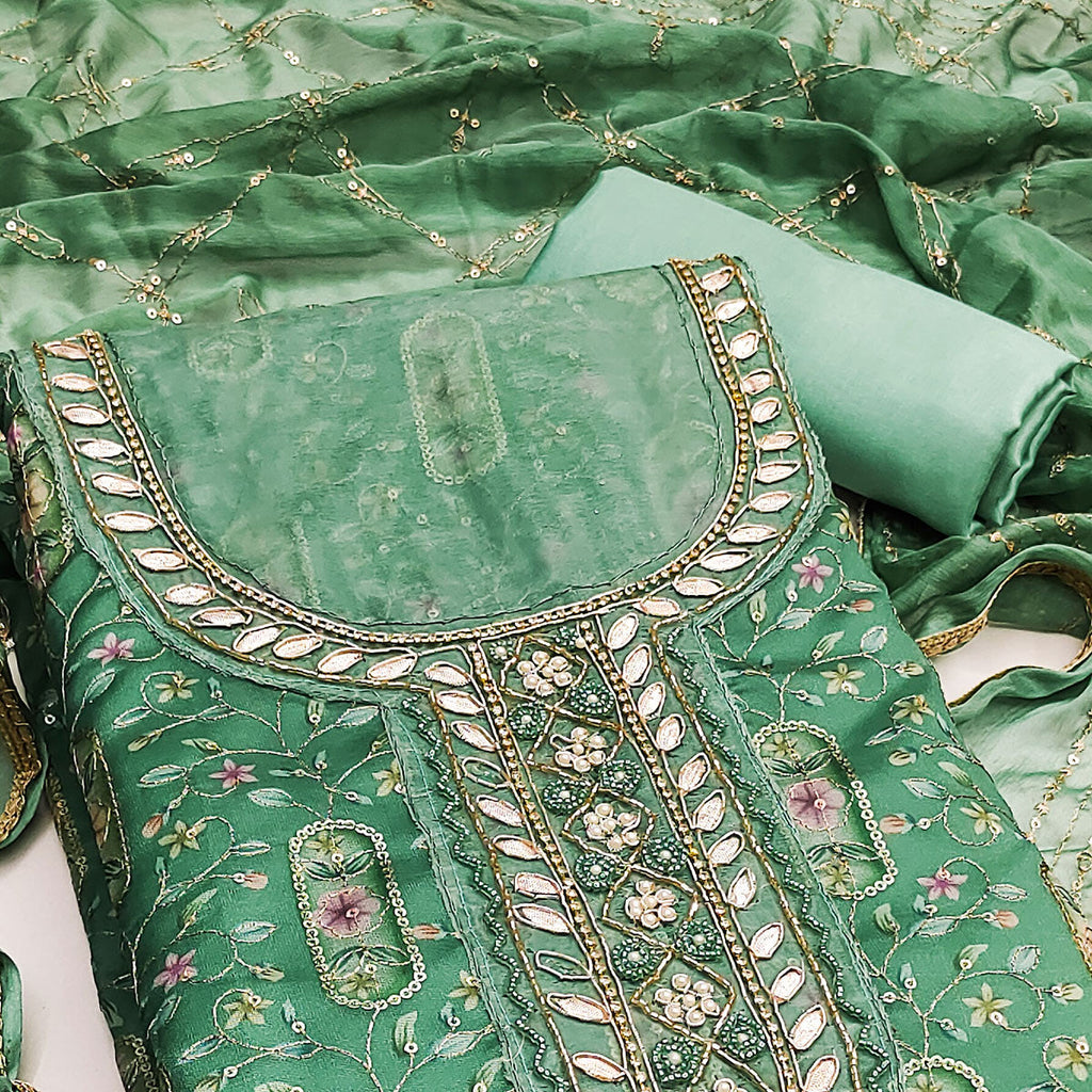 Green Floral Sequins Embroidery With Handwork Organza Dress Material