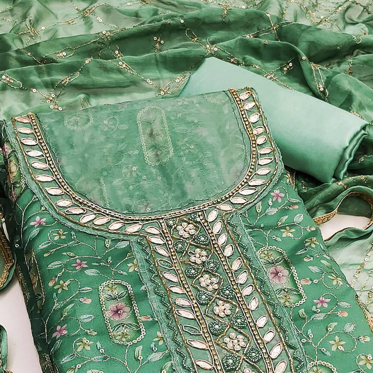 Green Floral Sequins Embroidery With Handwork Organza Dress Material