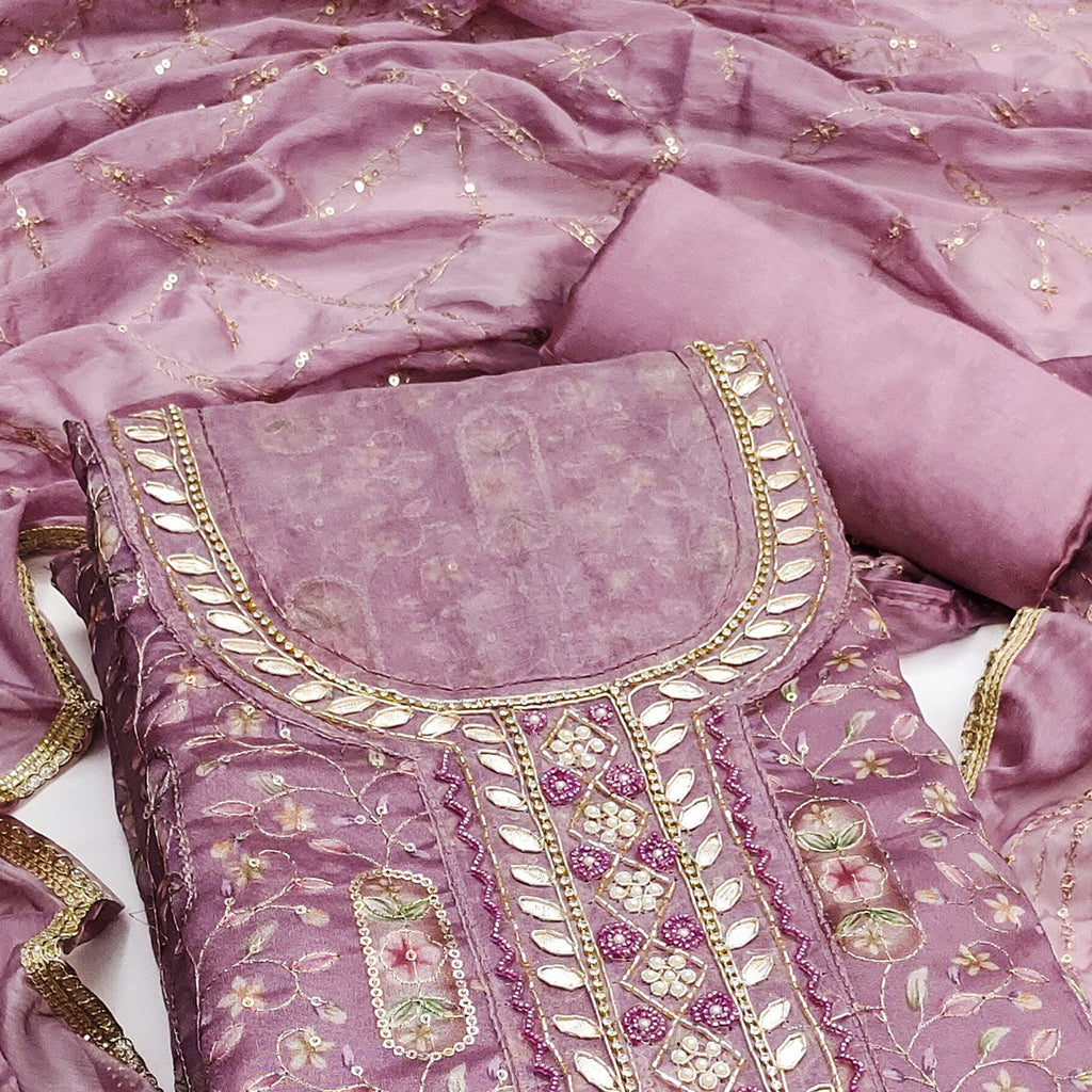 Mauve Floral Sequins Embroidery With Handwork Organza Dress Material