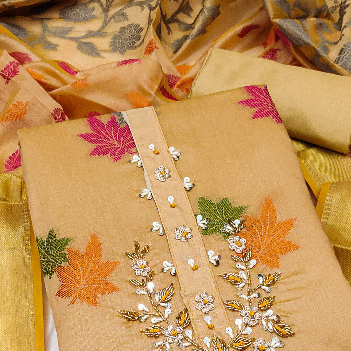 Chikoo Floral Woven With Handwork Banarasi Silk Dress Material