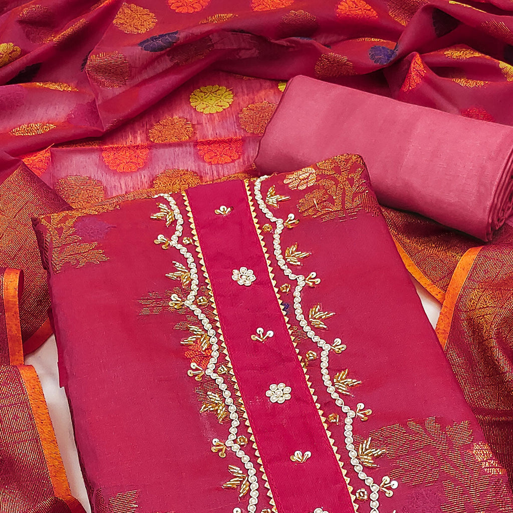 Pink Floral Woven With Handwork Banarasi Silk Dress Material
