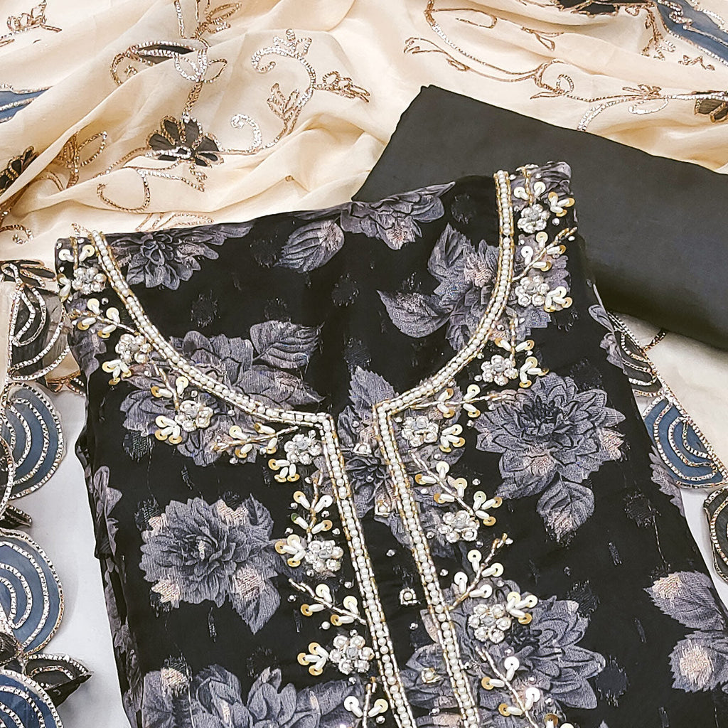 Black Floral Printed With Handwork Viscose Banarasi Dress Material