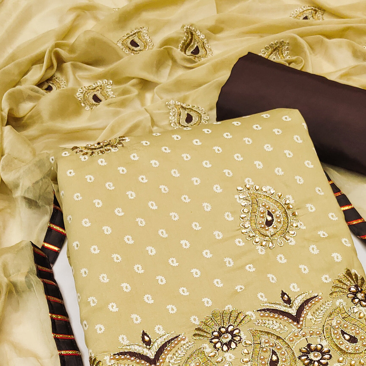 Beige Zari Embroidery With Handwork Roman Cotton Silk Dress Material