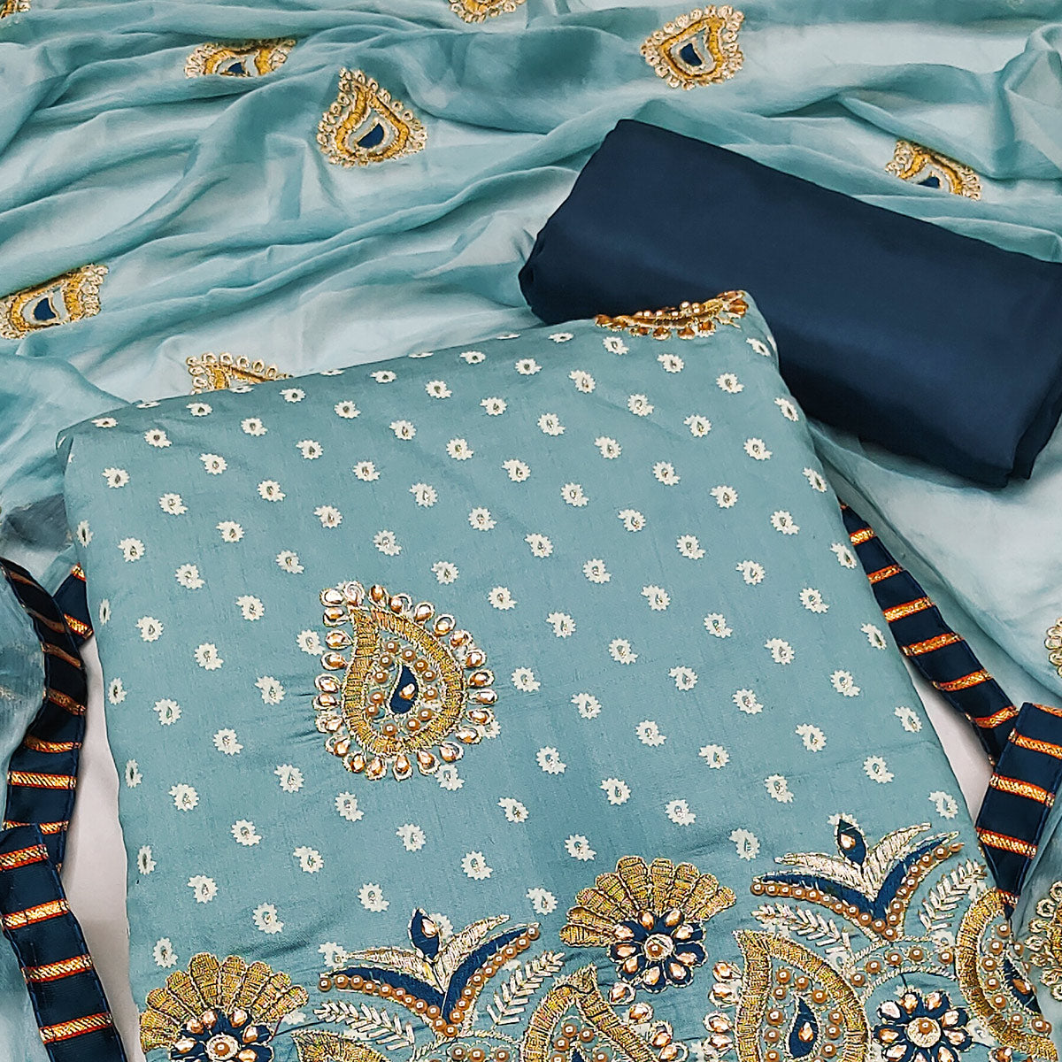 Blue Zari Embroidery With Handwork Roman Cotton Silk Dress Material