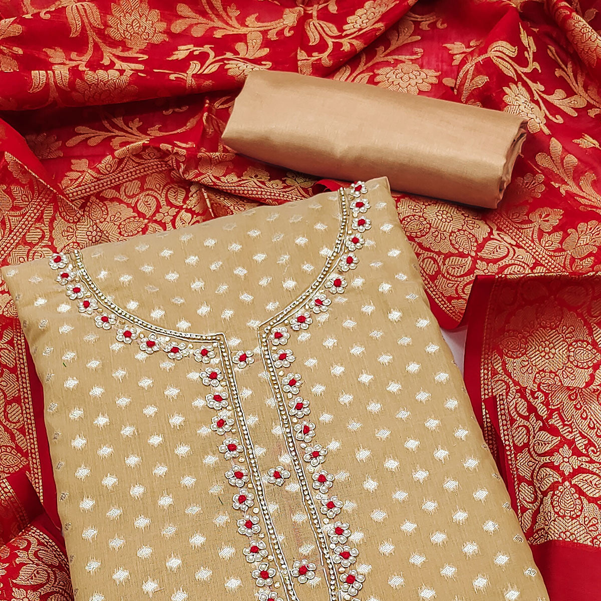 Beige Floral Woven With Handwork Banarasi Silk Jacquard Dress Material