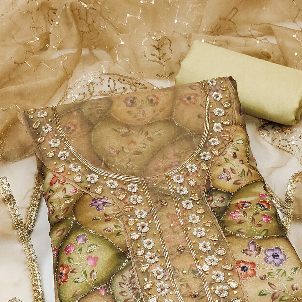 Green Floral Sequins Embroidery With Handwork Organza Dress Material