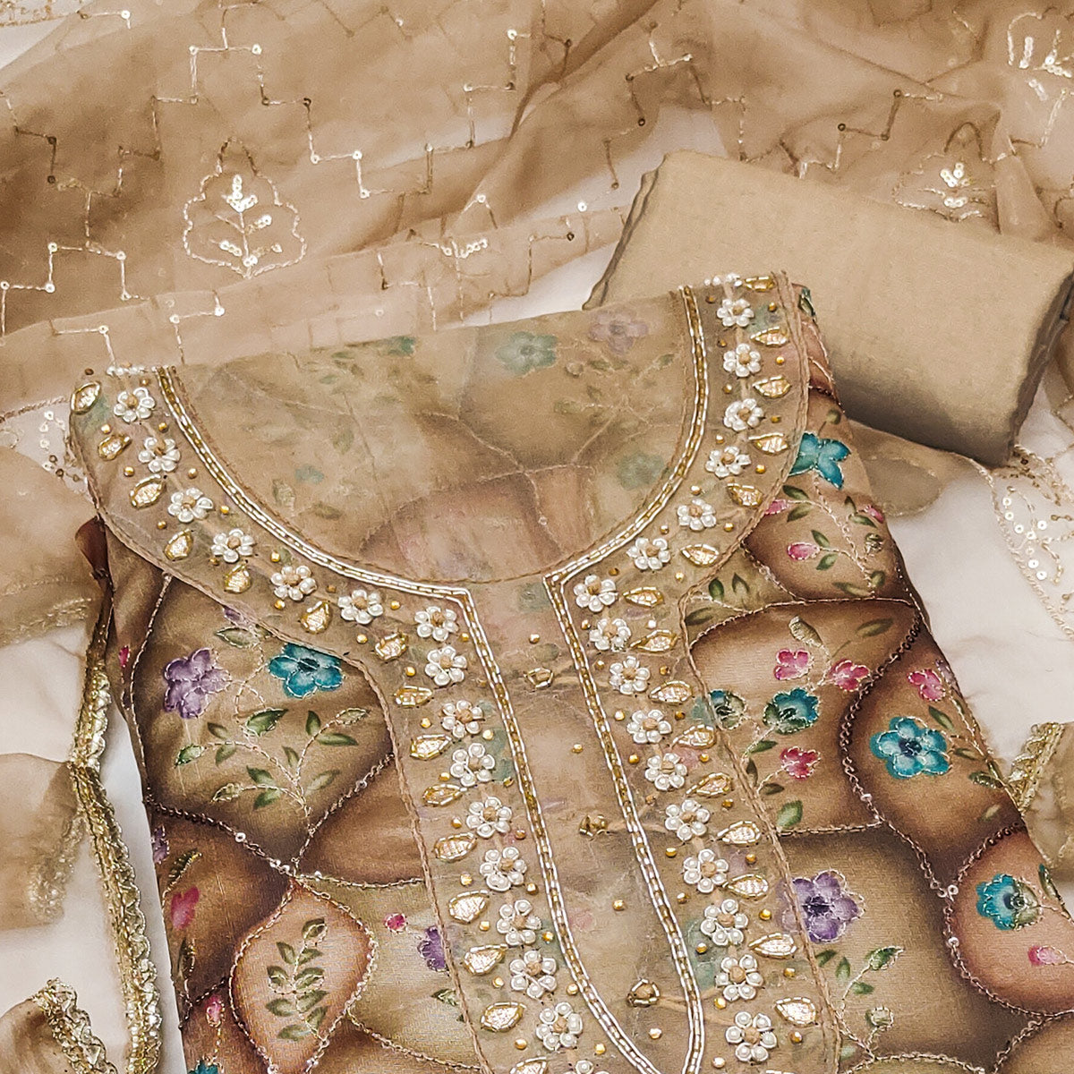 Light Brown Floral Sequins Embroidery With Handwork Organza Dress Material