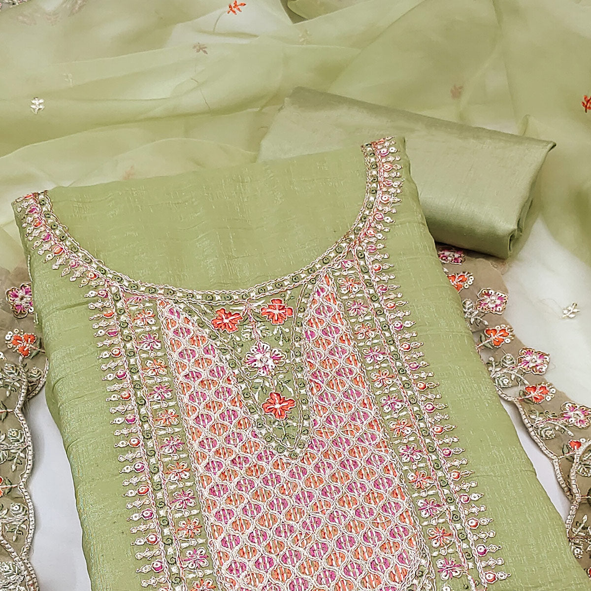 Green Floral Sequins Embroidery Viscose Dress Material