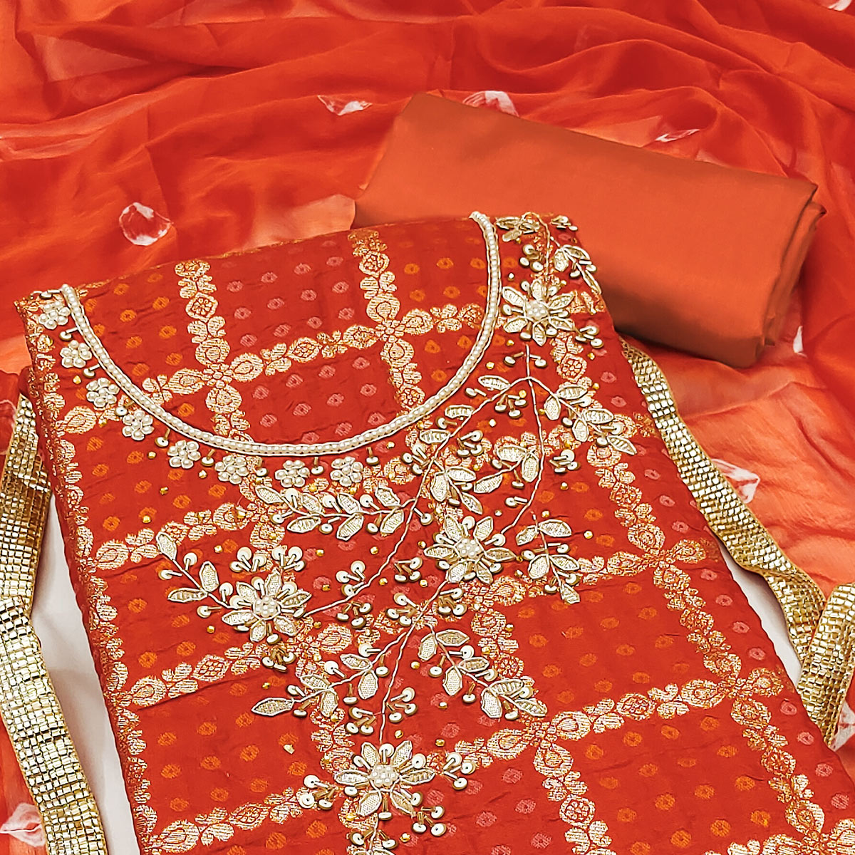 Orange Bandhani Woven With Handwork Cotton Silk Banarasi Dress Material