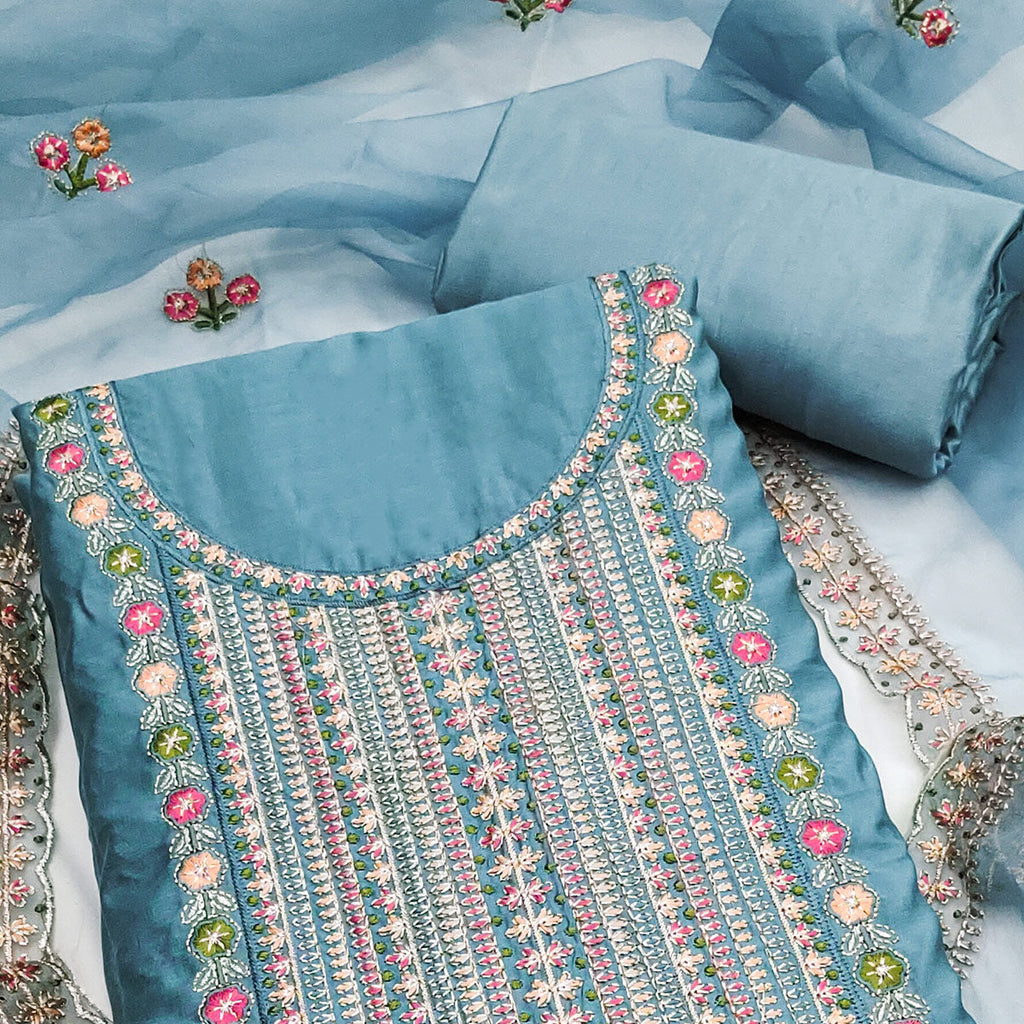 Blue Floral Embroidered Roman Cotton Silk Dress Material