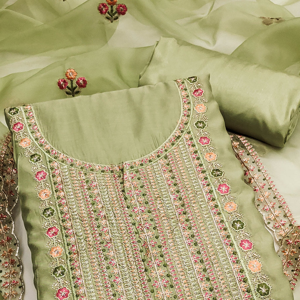 Green Floral Embroidered Roman Cotton Silk Dress Material