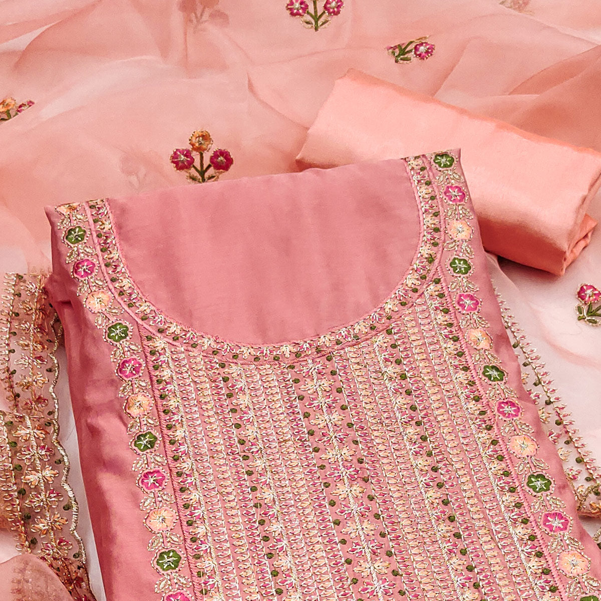 Peach Floral Embroidered Roman Cotton Silk Dress Material