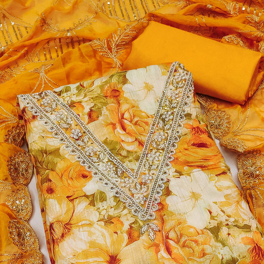 Mustard Digital Printed With Handwork Viscose Banarasi Dress Material