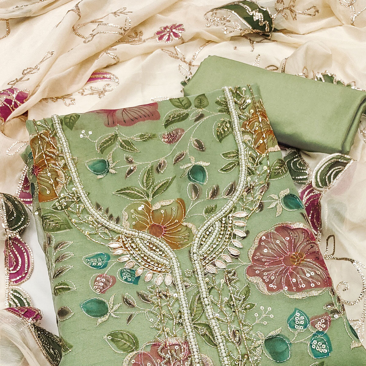 Green Sequins Embroidery With Handwork Organza Dress Material