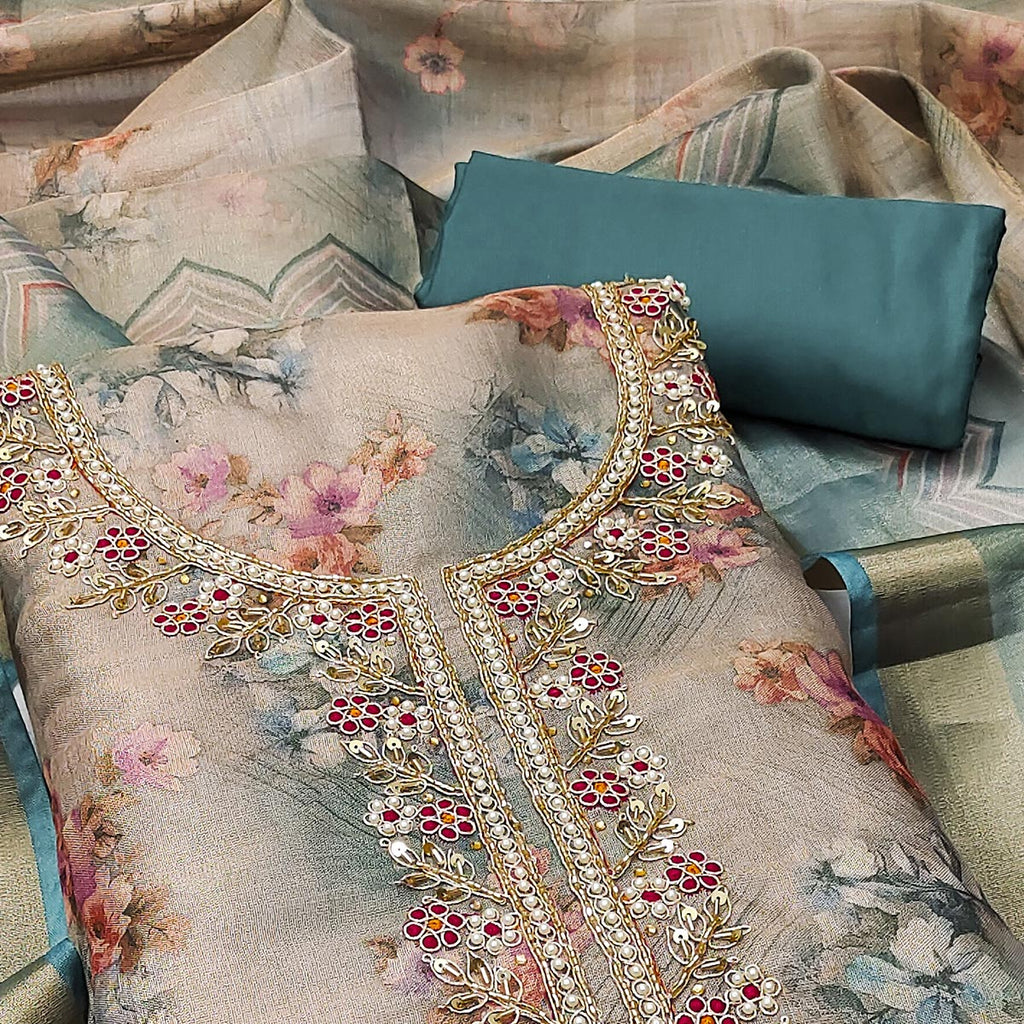 Morpich Floral Digital Printed With Handwork Viscose Dress Material