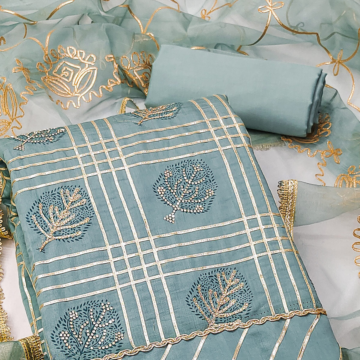 Blue Printed With Gota Patti & Stonework Roman Cotton Silk Dress Material