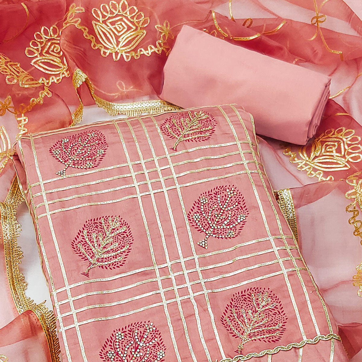 Peach Printed With Gota Patti & Stonework Roman Cotton Silk Dress Material