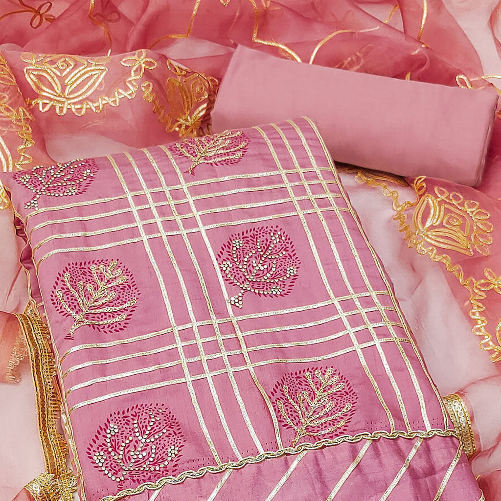 Pink Printed With Gota Patti & Stonework Roman Cotton Silk Dress Material