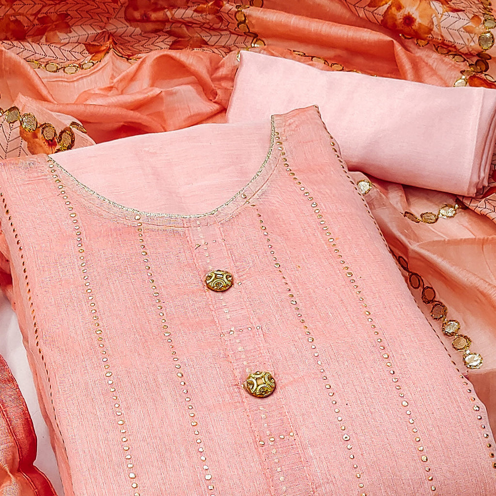 Peach Hand Printed With Gota Patti Work Chanderi Silk Dress Material