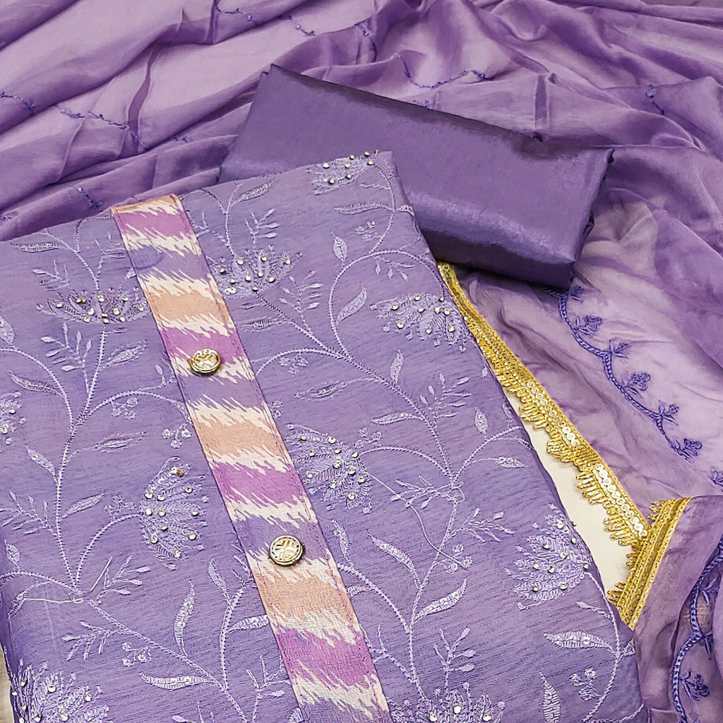 Lavender Floral Embroidery With Digital Printed Chanderi Silk Dress Material
