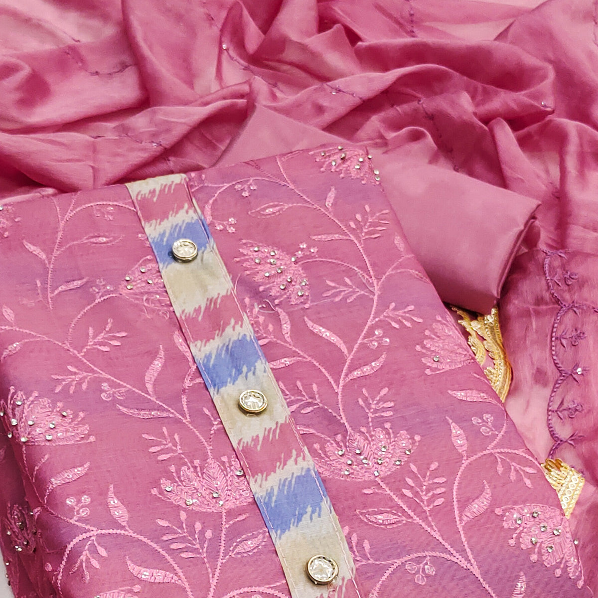 Pink Floral Embroidery With Digital Printed Chanderi Silk Dress Material