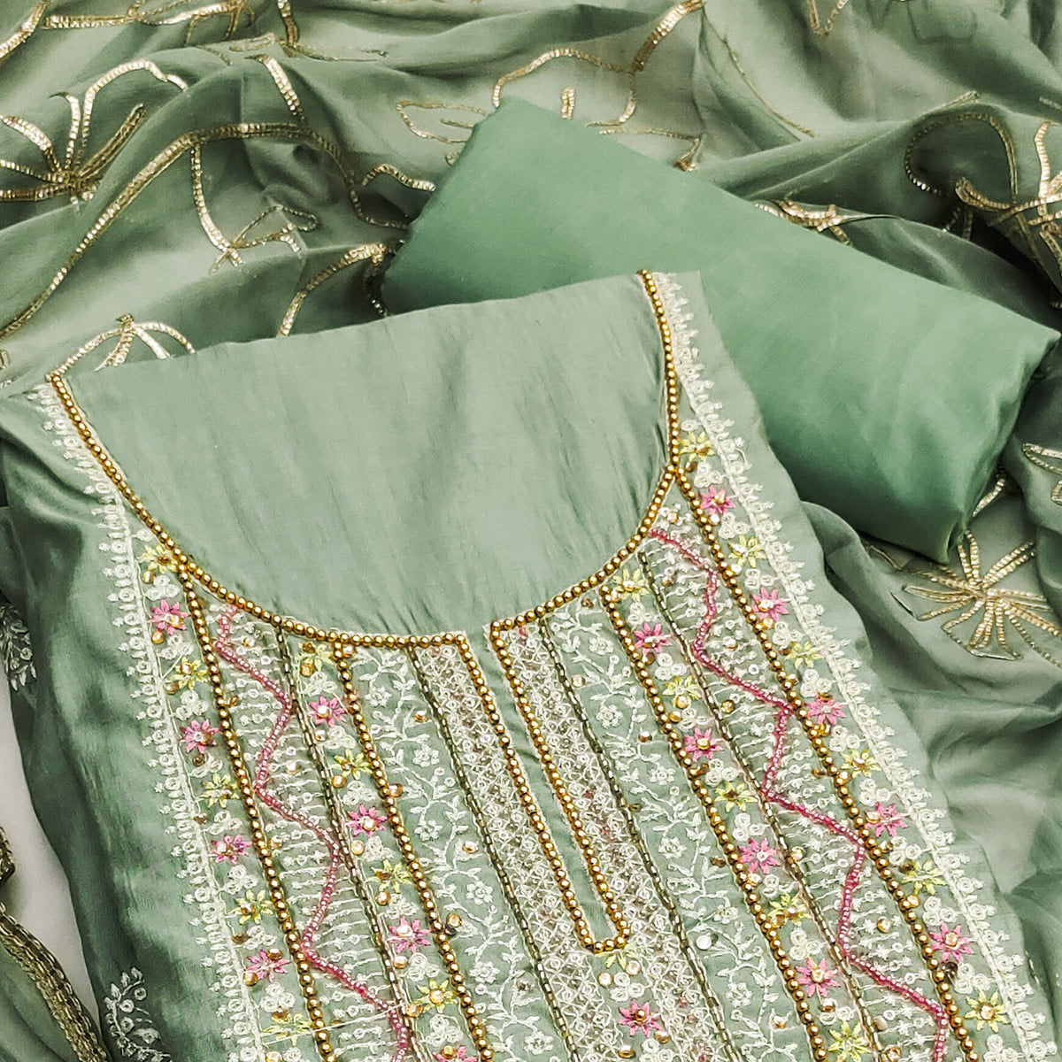 Green Floral Sequins Embroidery With Handwork Cotton Silk Dress Material