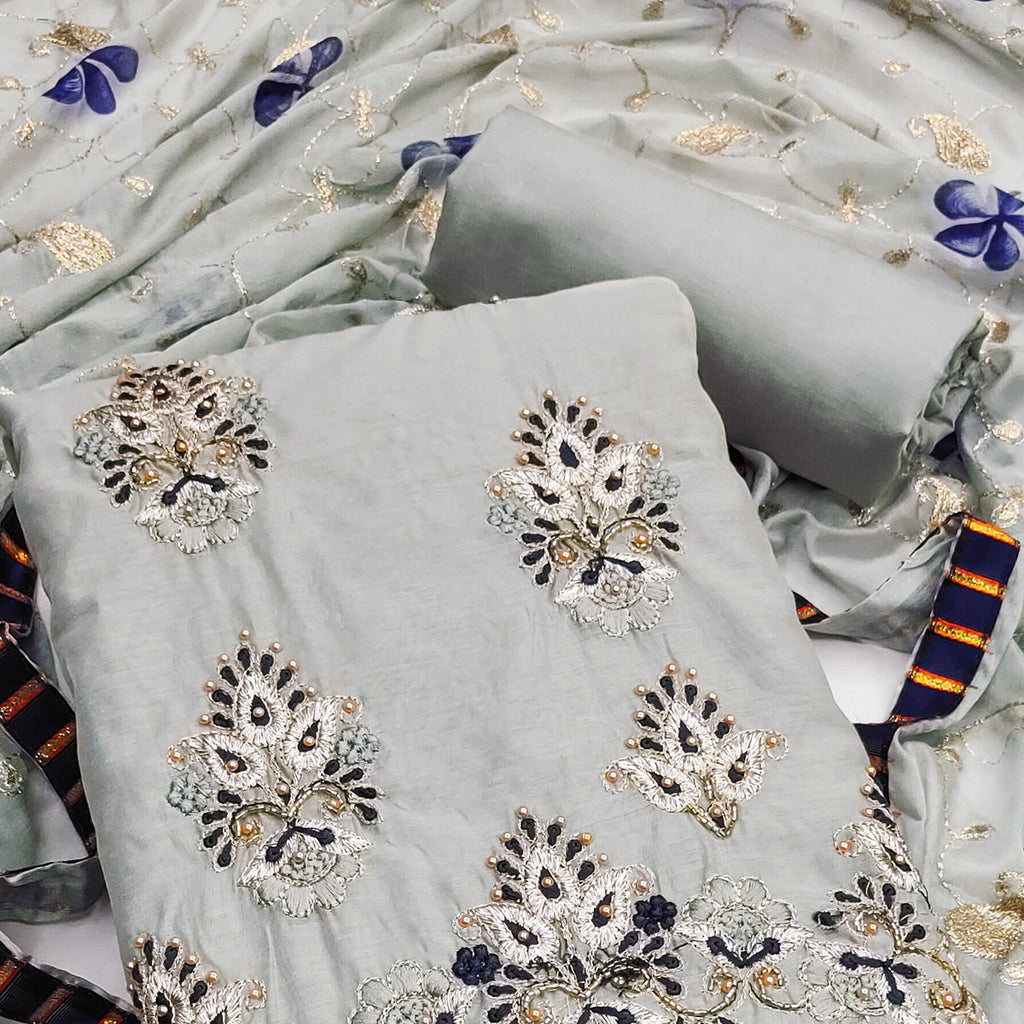Grey Floral Embroidery With Moti Handwork Chanderi Silk Dress Material