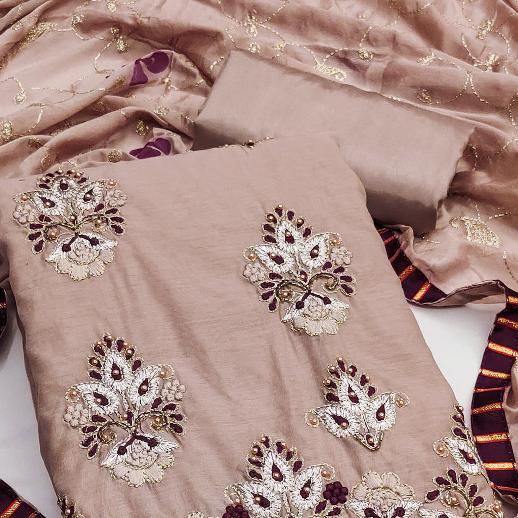 Light Brown Floral Embroidery With Moti Handwork Chanderi Silk Dress Material