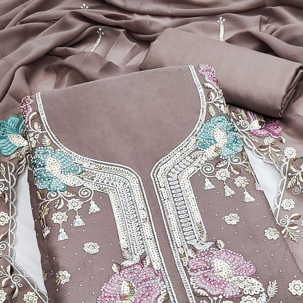 Dusty Brown Floral Sequins Embroidery With Stonework Dress Material In Viscose
