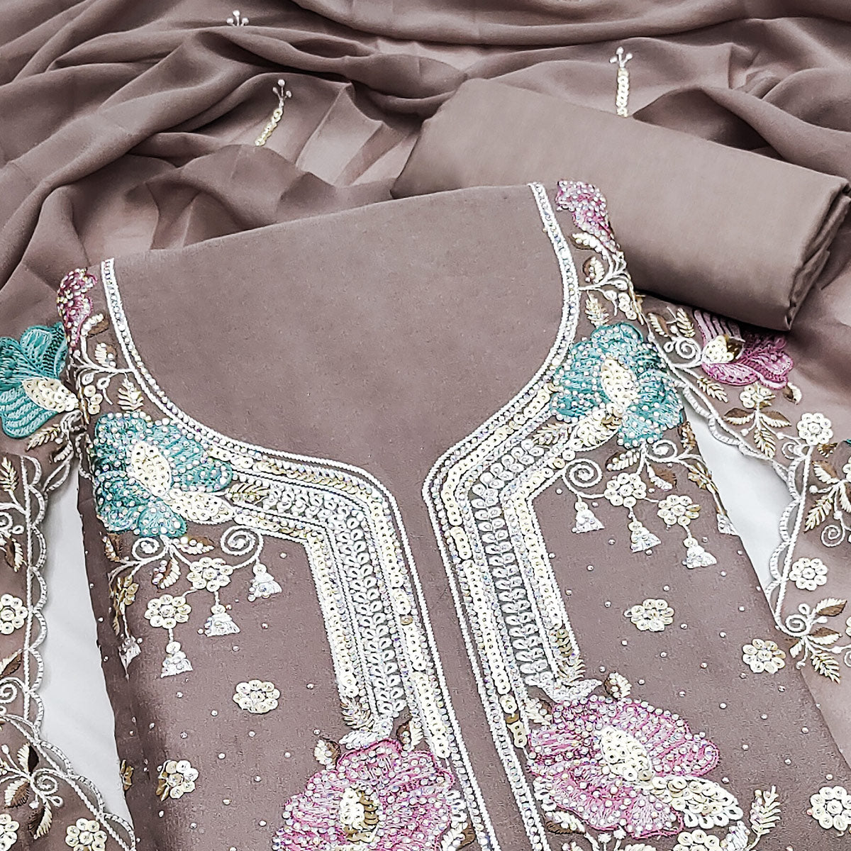 Dusty Brown Floral Sequins Embroidery With Stonework Dress Material In Viscose