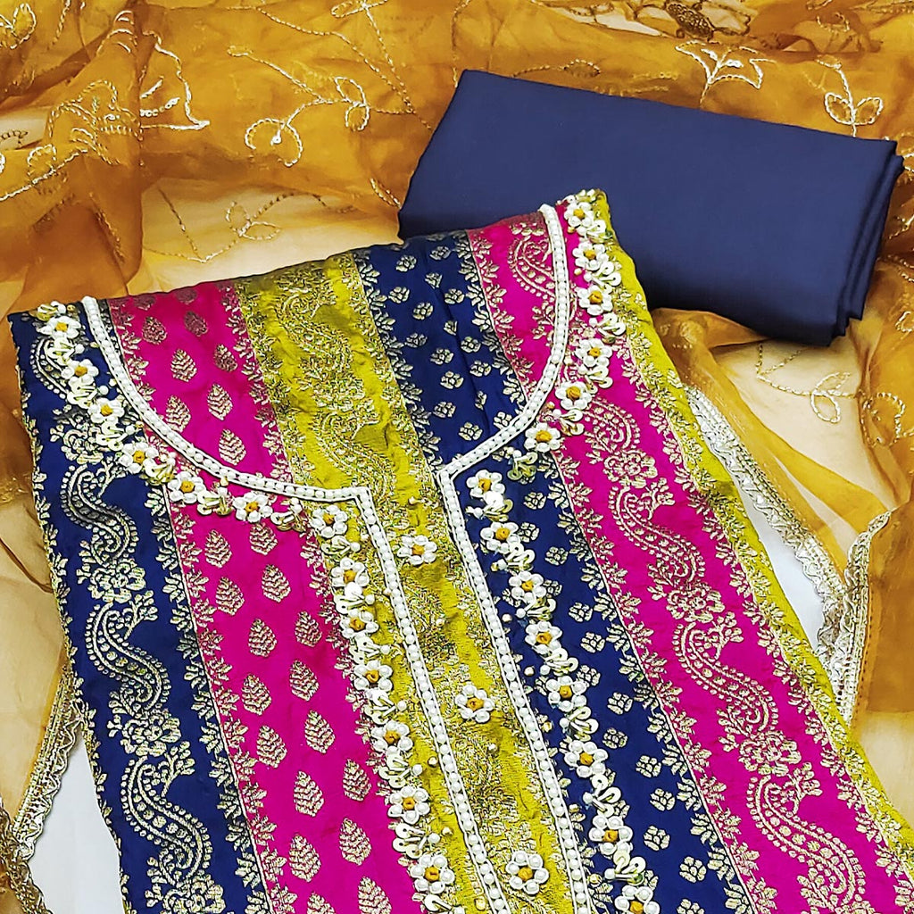 Navy Blue Banarasi Silk Jacquard Dress Material With Floral Woven Handwork Detailing