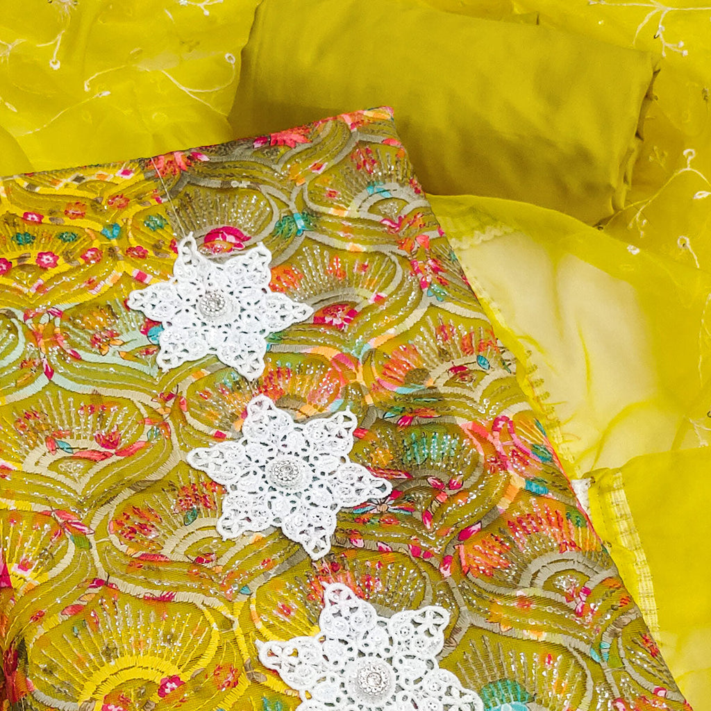 Festive Ready Lemon Green Heavy Embroidered Dress Material in Roman Cotton Silk Fabric