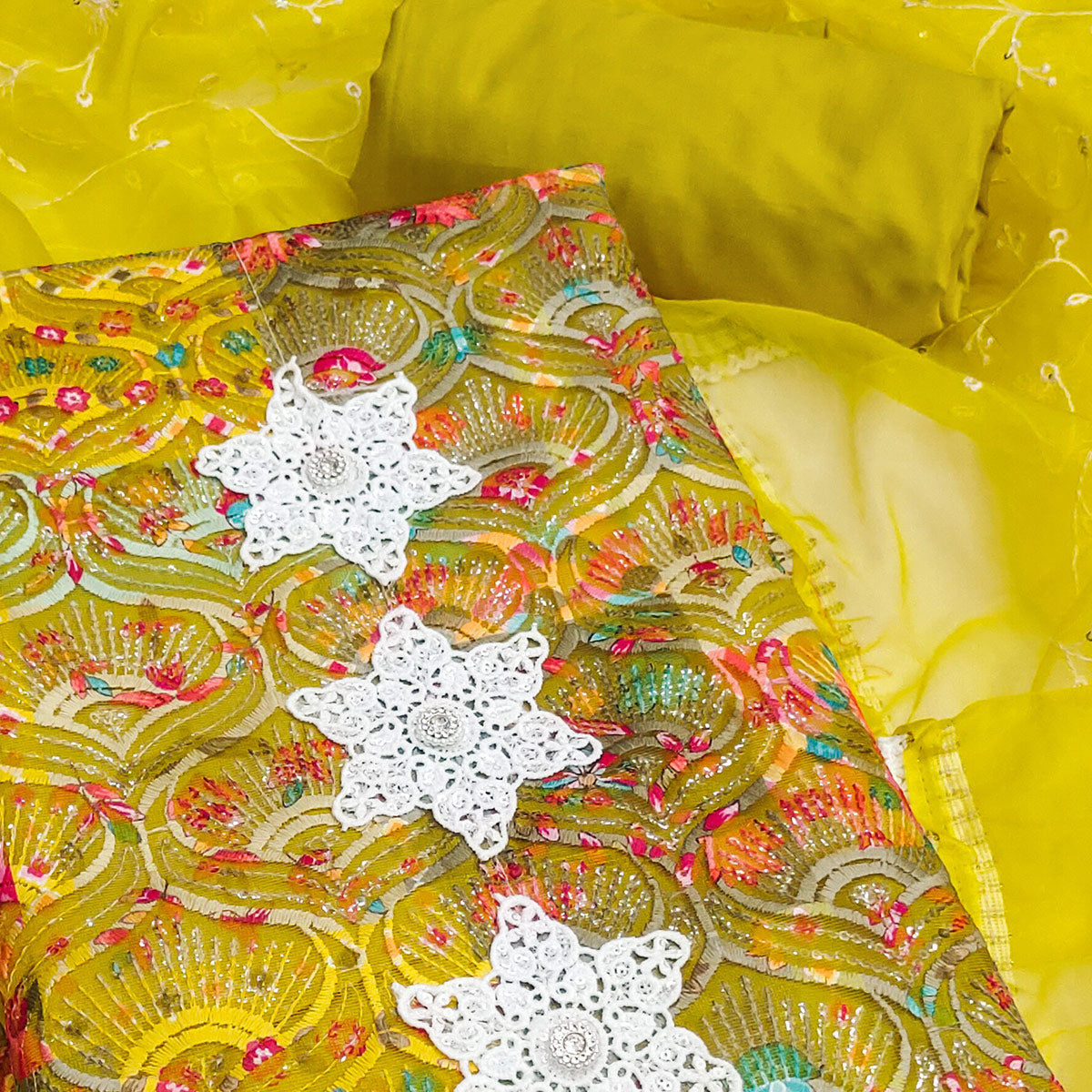 Festive Ready Lemon Green Heavy Embroidered Dress Material in Roman Cotton Silk Fabric