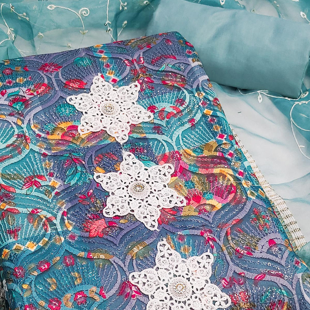 Festive Ready Teal Heavy Embroidered Dress Material in Roman Cotton Silk Fabric