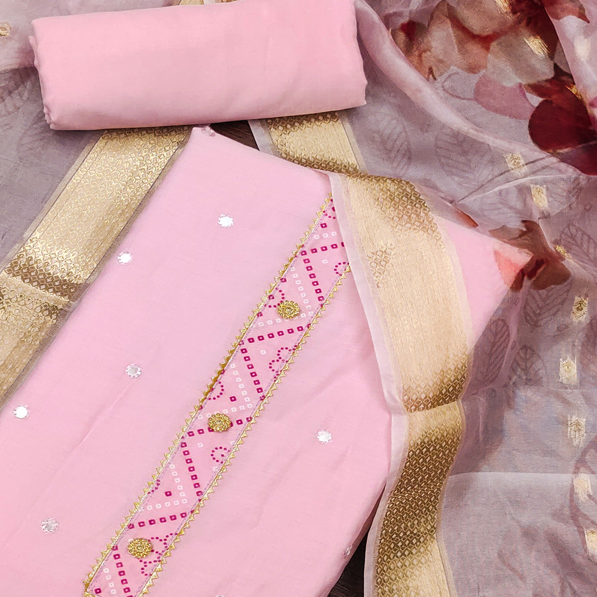 Pink Cotton Silk Dress Material With Intricate Thread Embroidery With Handwork