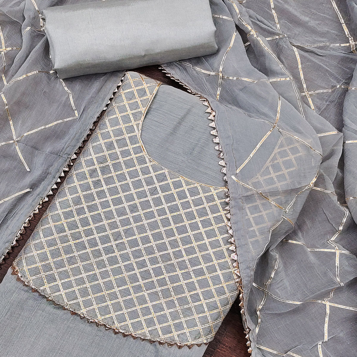 Grey Dress Material in Modal Chanderi Silk With Traditional Gota Patti Embellishments