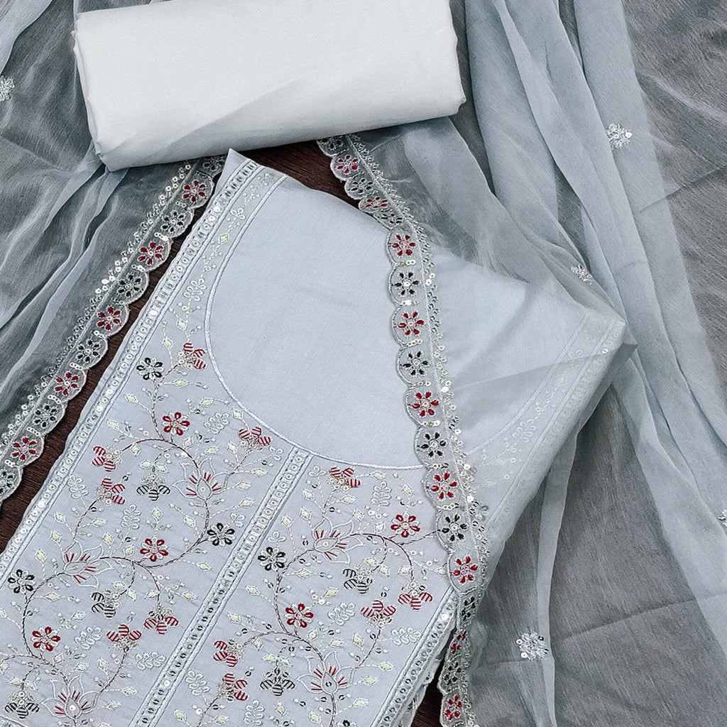 Grey Floral Embroidered Cotton Silk Dress Material With Glimmering Floral Sequins Work