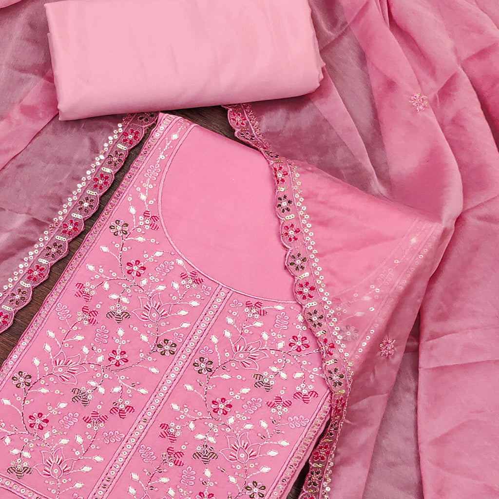 Pink Floral Embroidered Cotton Silk Dress Material With Glimmering Floral Sequins Work
