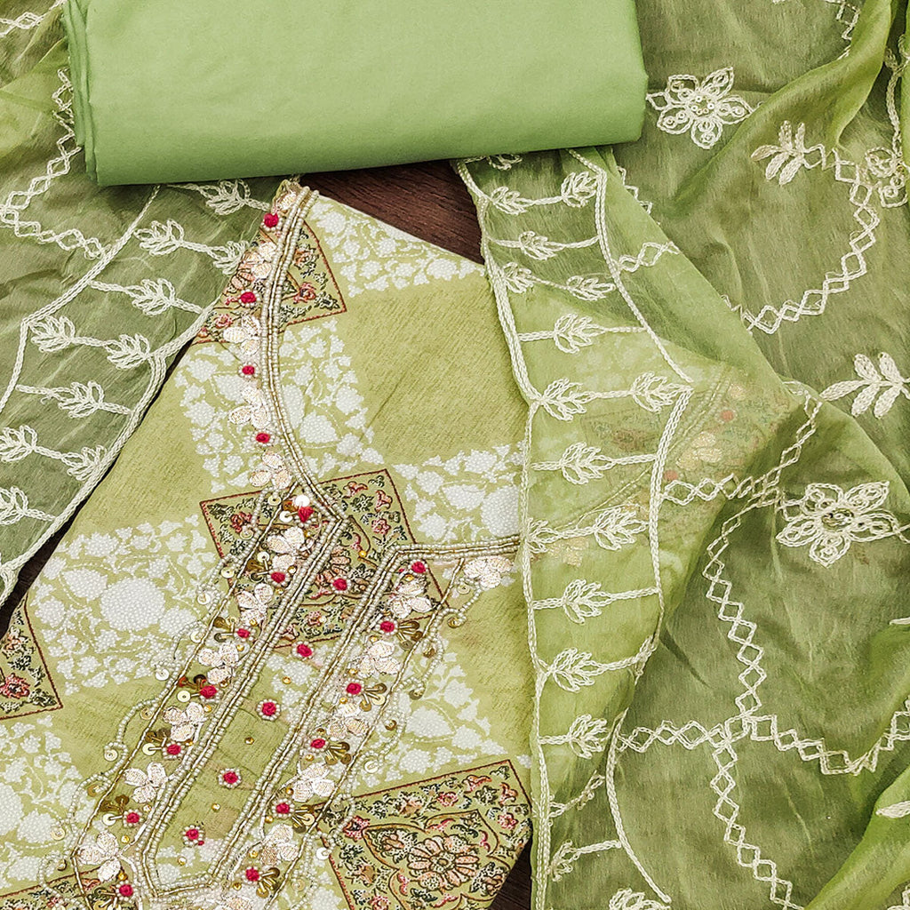 Green Floral Printed Green Pure Cotton Dress Material With Moti & Gota Patti Handwork Embellishment