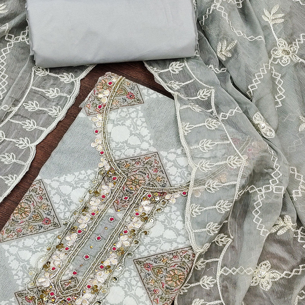 Grey Floral Printed Green Pure Cotton Dress Material With Moti & Gota Patti Handwork Embellishment